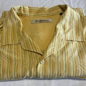 Tommy Bahama Shirt Yellow Silk Cotton Stripe Hawaiian Palm Trees Camp‎